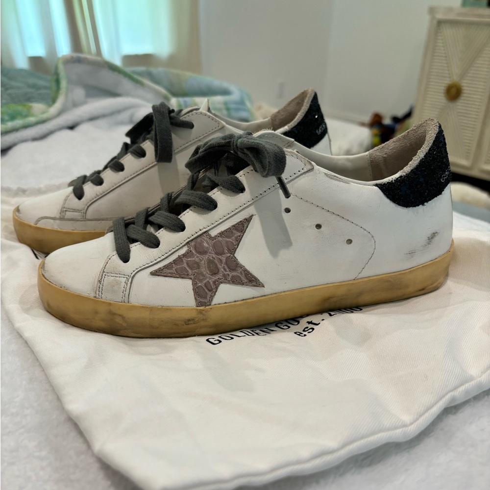 Golden Goose White and Gray Sneakers with Star Accent